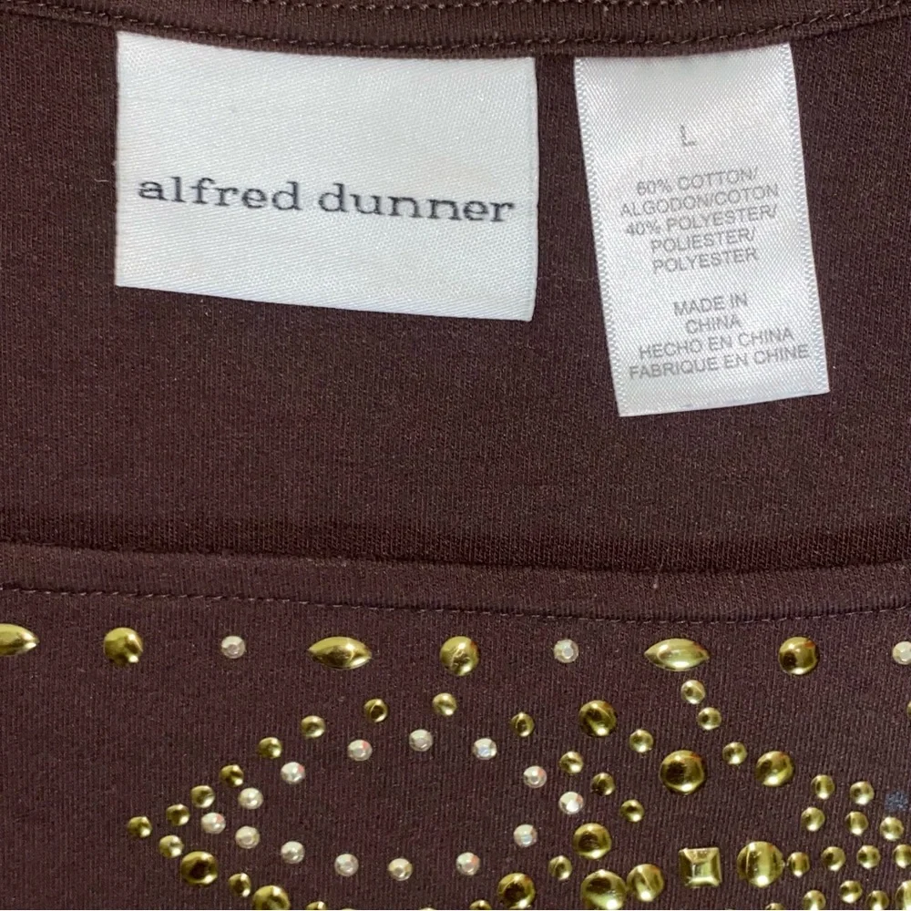 Alfred Dunner Floral Studded Brown/Metallic Square Neck 3/4 Sleeve Top - Picture 4 of 4